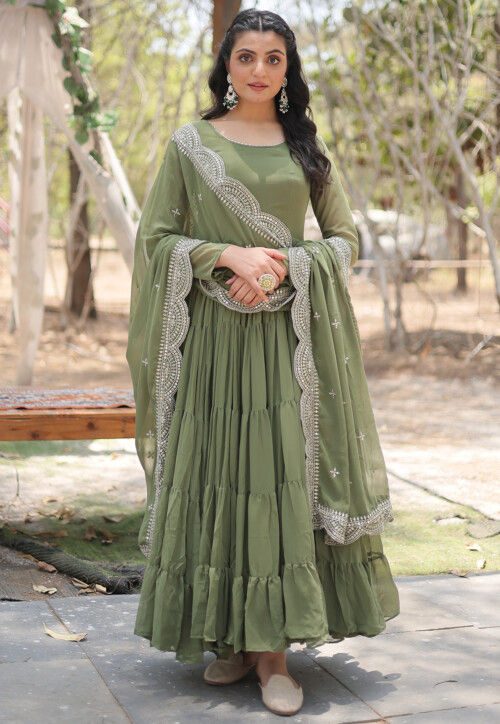 Solid Color Georgette Abaya Style Suit in Olive Green