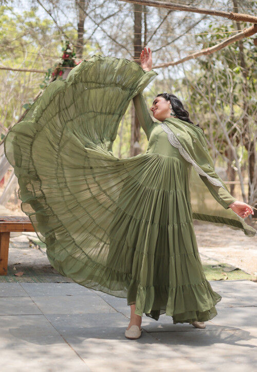 Solid Color Georgette Abaya Style Suit in Olive Green