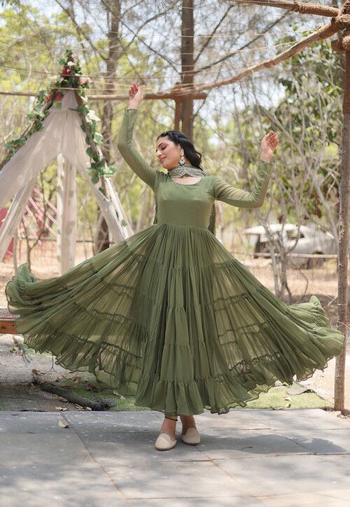 Solid Color Georgette Abaya Style Suit in Olive Green