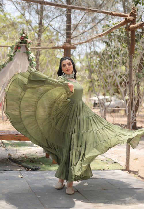 Solid Color Georgette Abaya Style Suit in Olive Green