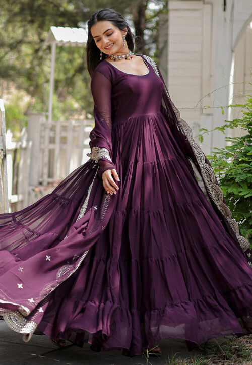 Solid Color Georgette Abaya Style Suit in Purple