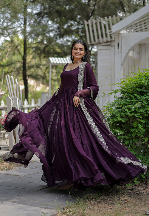 Solid Color Georgette Abaya Style Suit in Purple