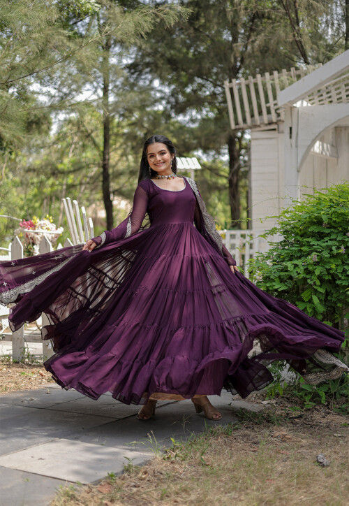 Solid Color Georgette Abaya Style Suit in Purple