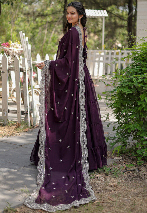 Solid Color Georgette Abaya Style Suit in Purple