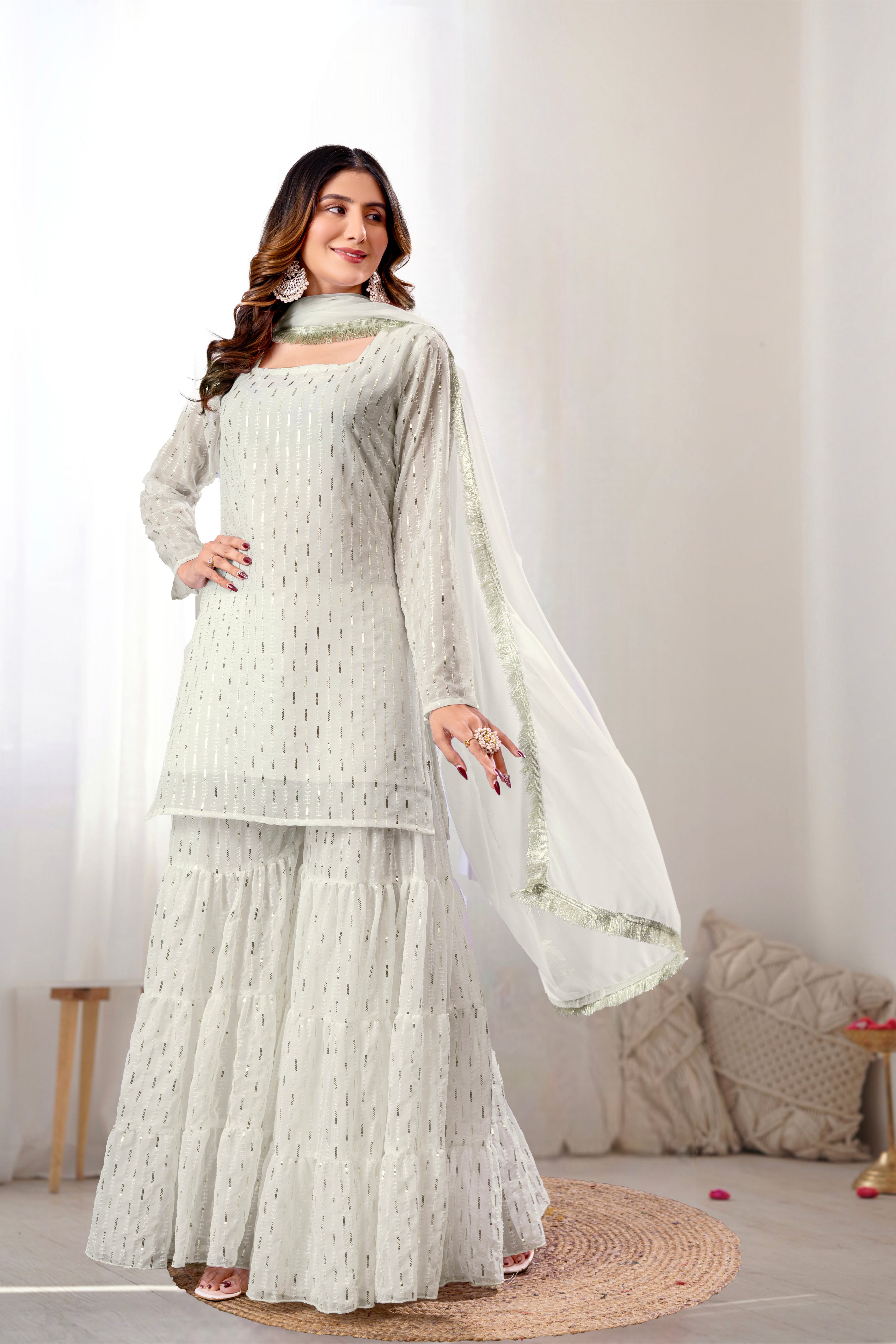Georgette White Sequince Embroidered Stitched sharara For women's