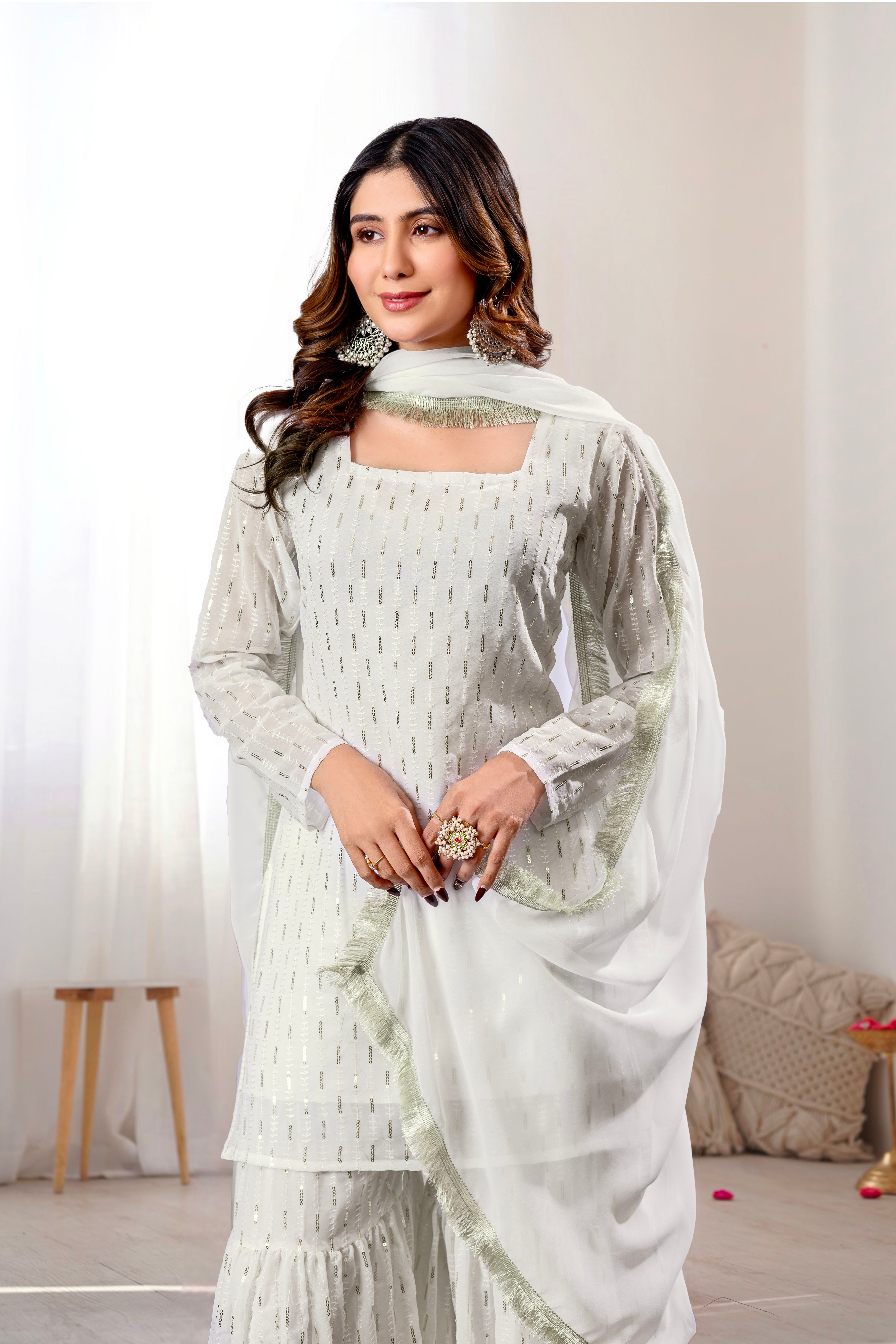 Georgette White Sequince Embroidered Stitched sharara For women's