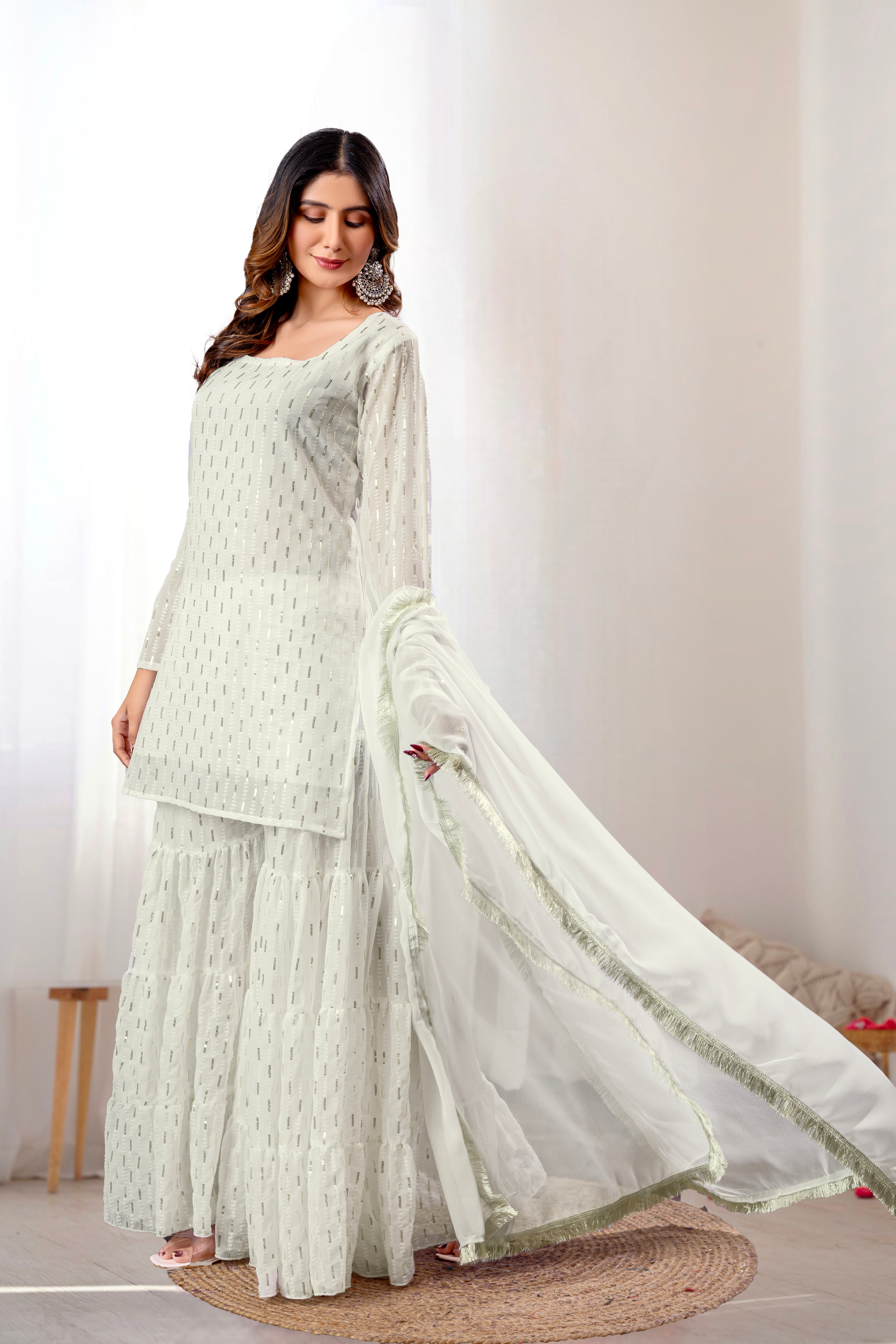 Georgette White Sequince Embroidered Stitched sharara For women's