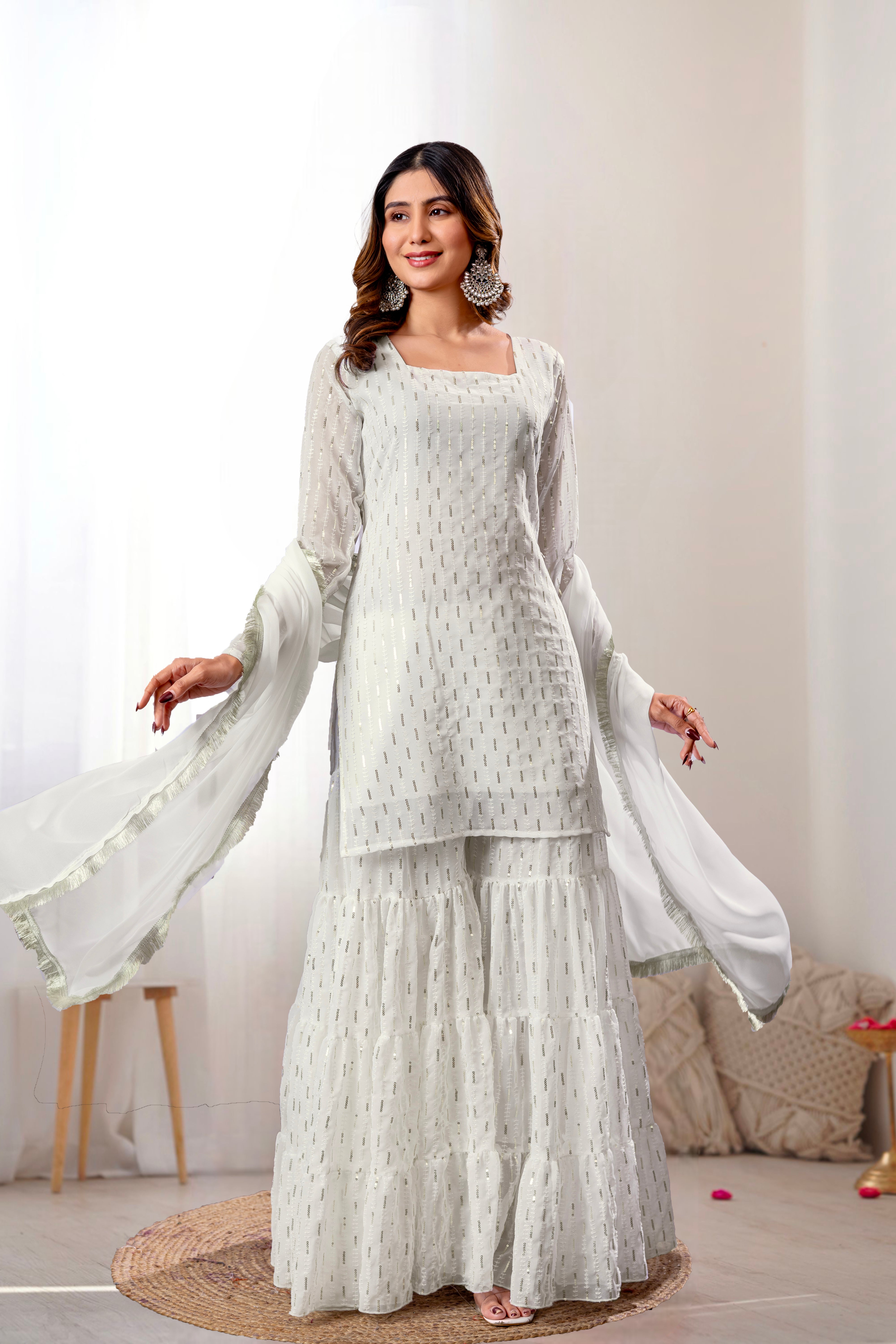 Georgette White Sequince Embroidered Stitched sharara For women's