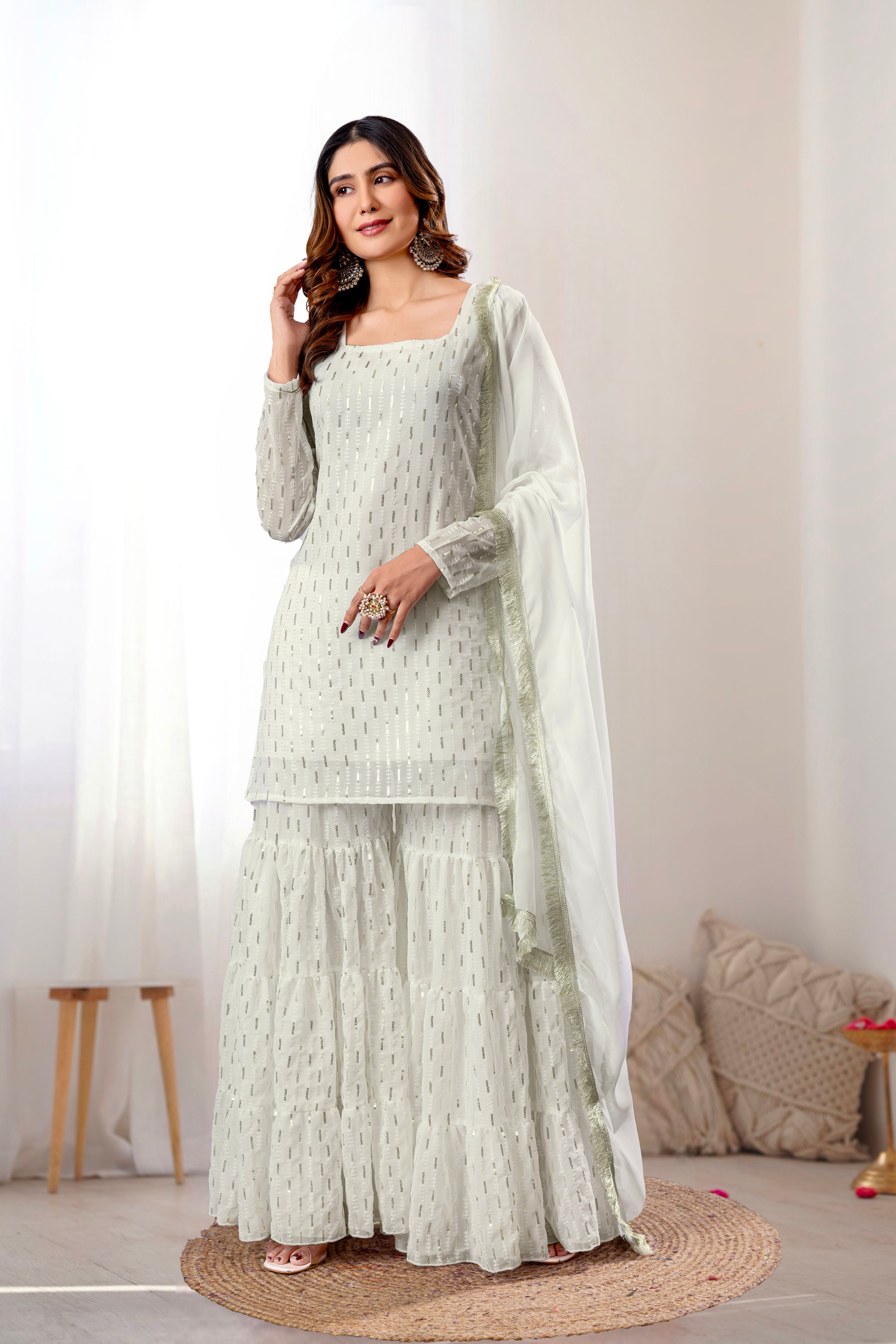 Georgette White Sequince Embroidered Stitched sharara For women's