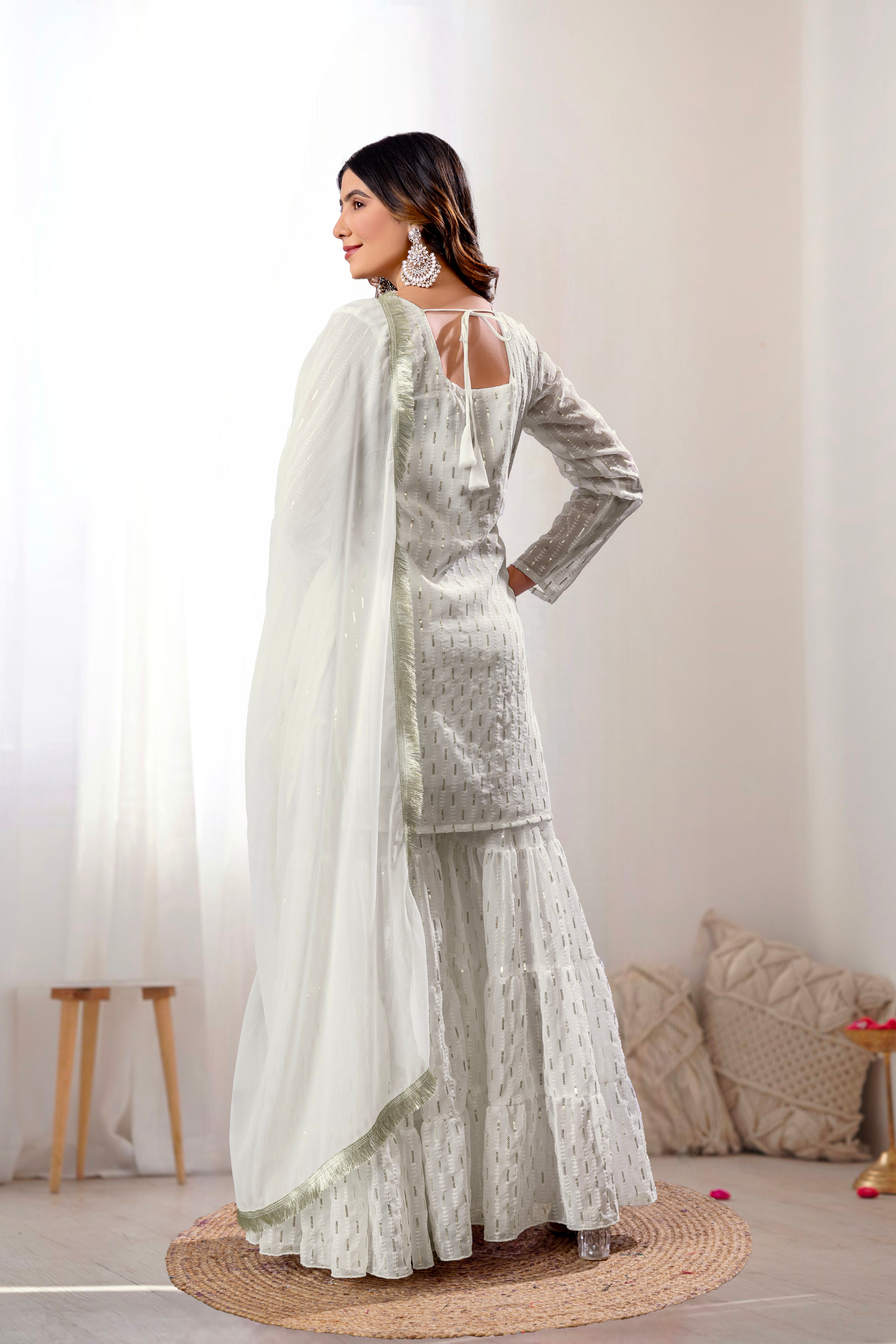Georgette White Sequince Embroidered Stitched sharara For women's